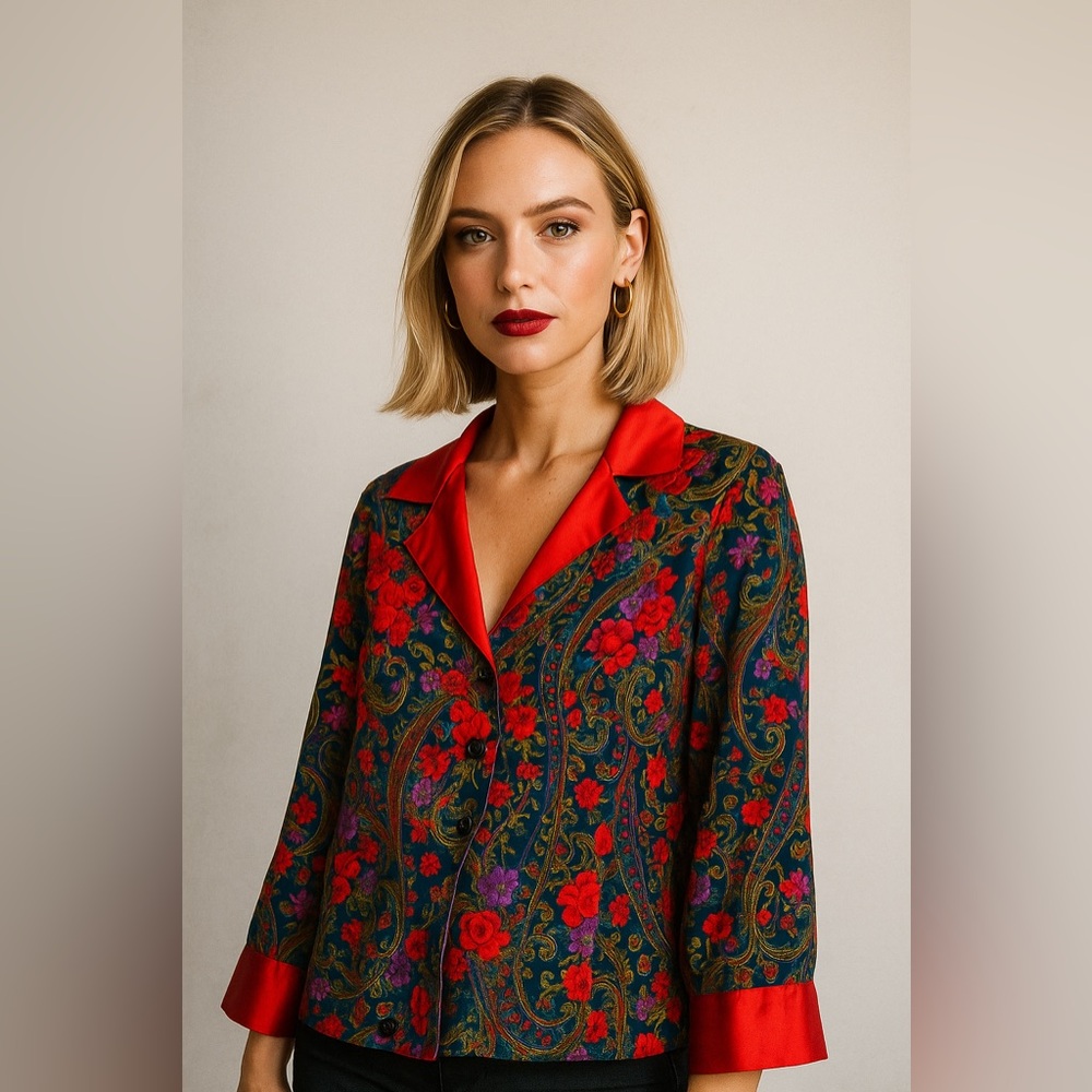 VINTAGE GOLD LABEL VICTORIA’S SECRET Satin Floral Print Double Breasted Blazer